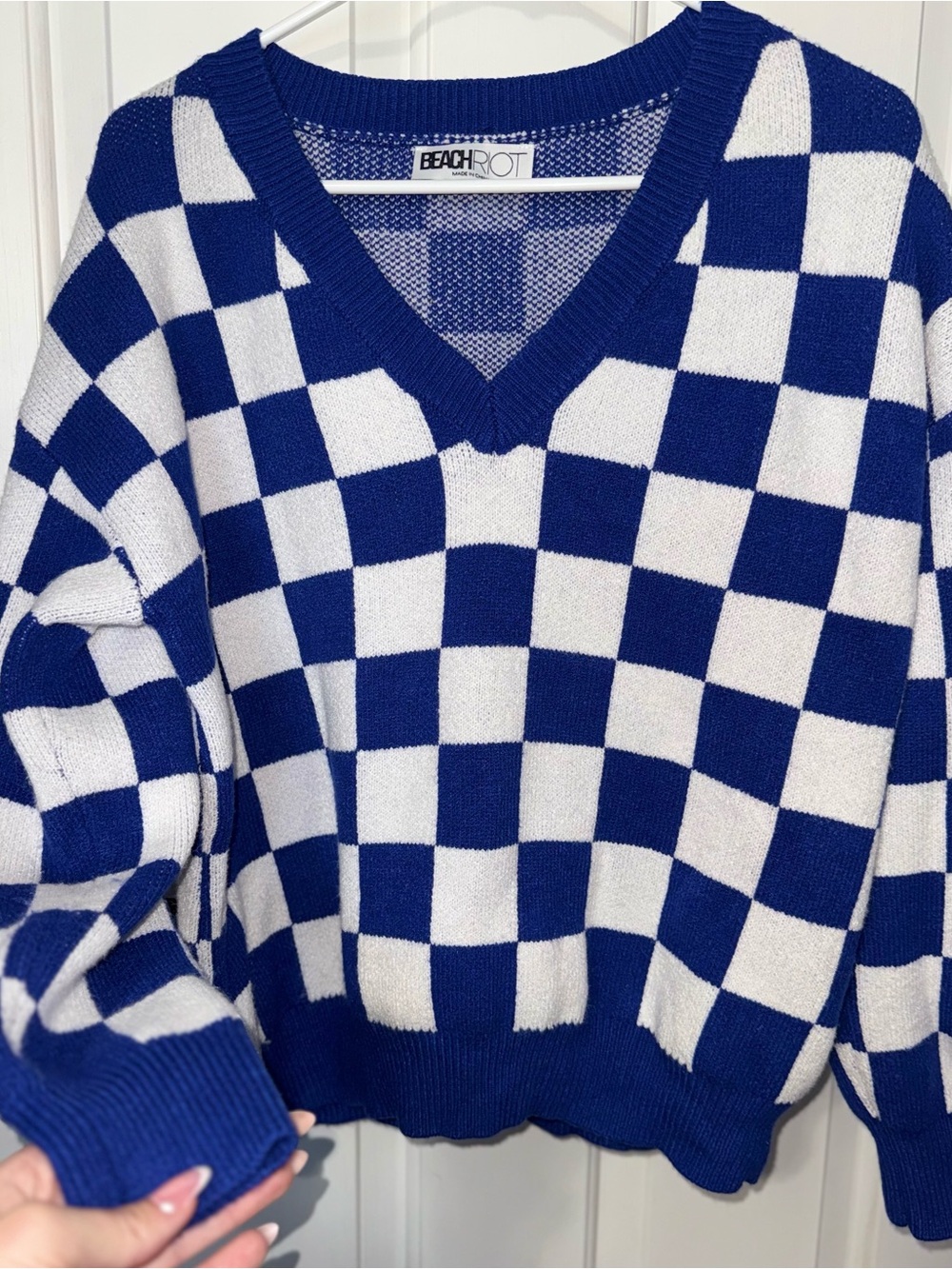 Beach Riot Royal Blue & White Checker V-Neck Knit Sweater